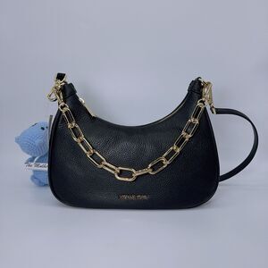 MICHAEL KORS CORA Lg Zip Pouchette Black Gold Chain Pebbled Leather Shoulder Bag